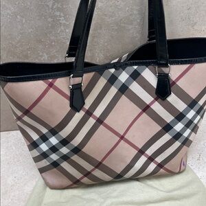 Large Burberry Plaid Tote with Black Trim and Tan Base with dustbag